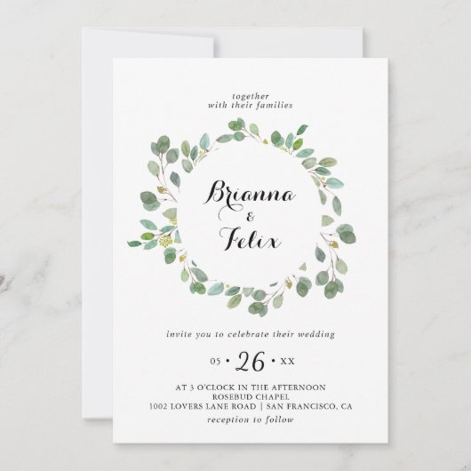 Geometrisch groen Eucalyptus krans bruiloft Kaart (Voorkant)