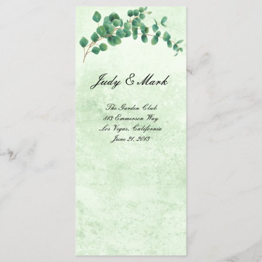 Geometrisch groen Eucalyptus verlaat bruiloft menu (Achterkant)