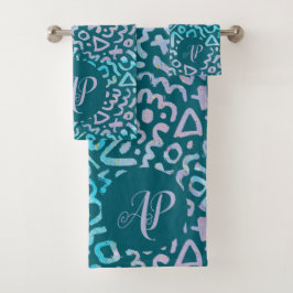 Geometrisch groen retro monogram bad handdoek