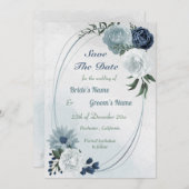 geometrisch groen voor witte en blauwe bloem save the date (Voorkant / Achterkant)