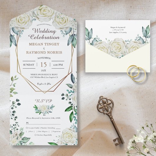 Geometrisch groen & wit rozen rustiek all in one uitnodiging