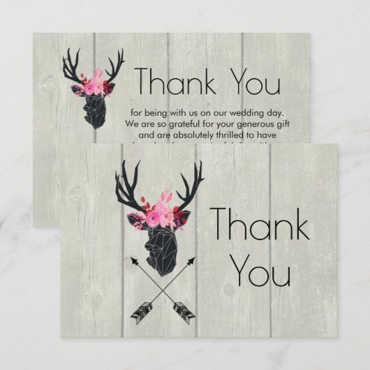 Geometrisch hertengewei met bloemenkroon op namaak bedankkaart (Voorkant / Achterkant)