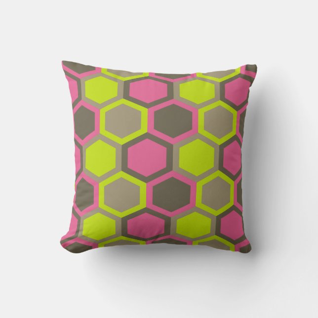 Geometrisch Honeycomb Roze Groen Bruin Patroon Kussen (Voorkant)