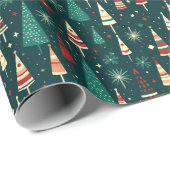 Geometrisch Kerstboom Groen Rood Patroon Gift Cadeaupapier (Rol Hoek)