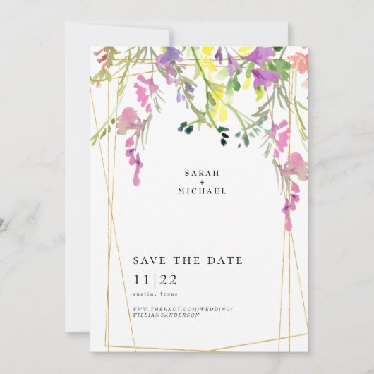 Geometrisch kleurrijke wilde bloemen sparen de dat save the date (Voorkant)