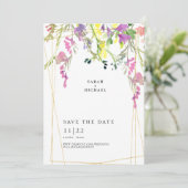 Geometrisch kleurrijke wilde bloemen sparen de dat save the date (Staand voorkant)