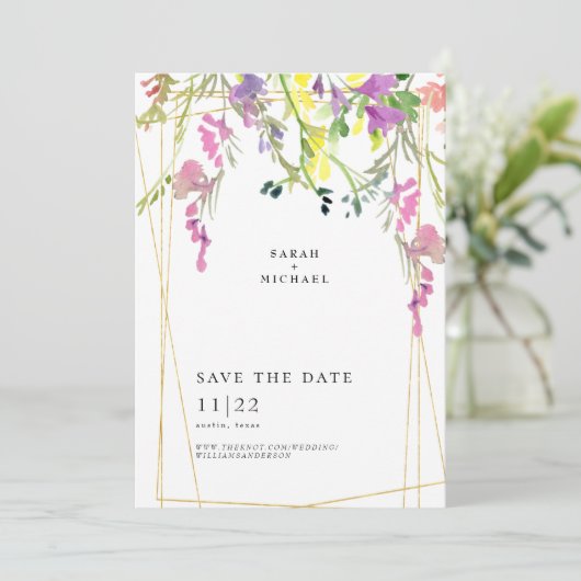 Geometrisch kleurrijke wilde bloemen sparen de dat save the date (Staand voorkant)