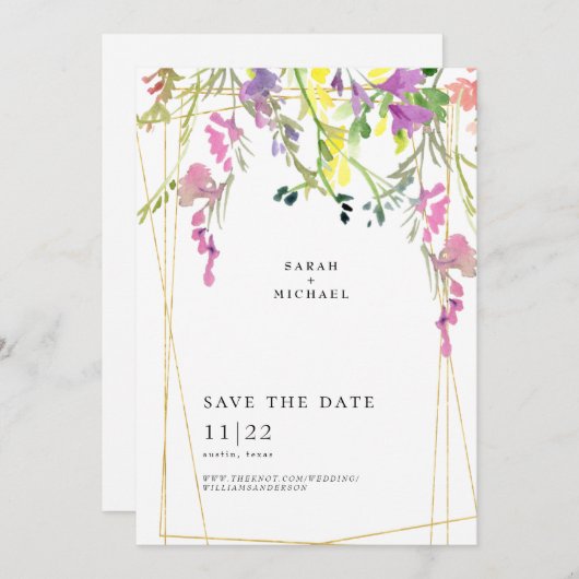 Geometrisch kleurrijke wilde bloemen sparen de dat save the date (Voorkant / Achterkant)