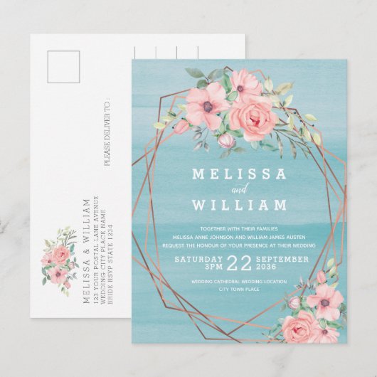 Geometrisch Koper Waterverf Floral Beach Bruiloft Uitnodiging Briefkaart (Voorkant / Achterkant)