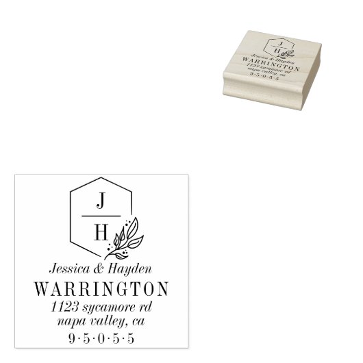 Geometrisch Leaf Monogram Lijst | Trouwadres Rubberstempel (Gestempeld)