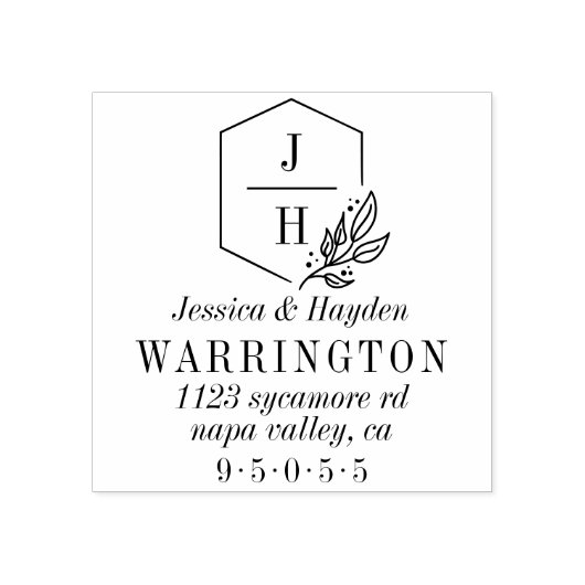 Geometrisch Leaf Monogram Lijst | Trouwadres Rubberstempel (Afrduk)