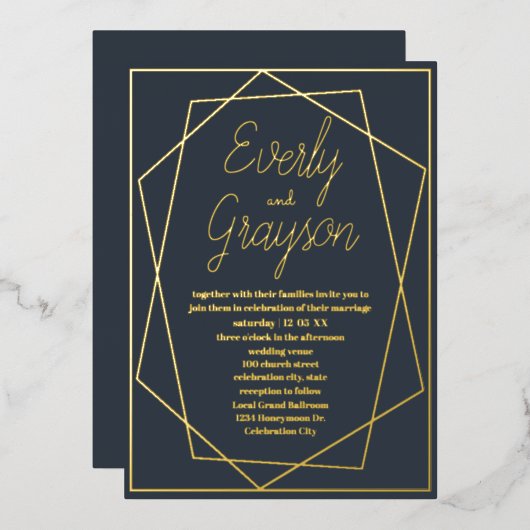 Geometrisch Lijst Blauwe weelde & Gouden Bruiloft Folie Uitnodiging (Voorkant / Achterkant)