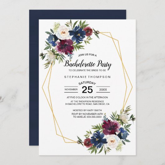 Geometrisch Lijst Bourgogne Navy Flowers Bachelore Kaart (Voorkant / Achterkant)