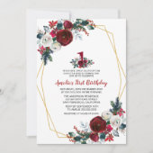 Geometrisch Lijst Burgundy Flowers First Birthday Kaart (Voorkant)
