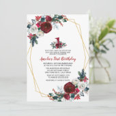 Geometrisch Lijst Burgundy Flowers First Birthday Kaart (Staand voorkant)