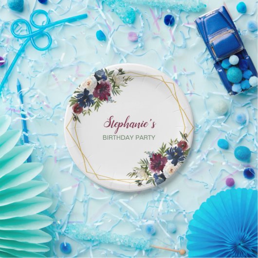 Geometrisch Lijst Burgundy Navy Flowers Birthday Papieren Bordje (Feest)
