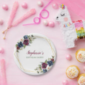 Geometrisch Lijst Burgundy Navy Flowers Birthday Papieren Bordje (Feest)