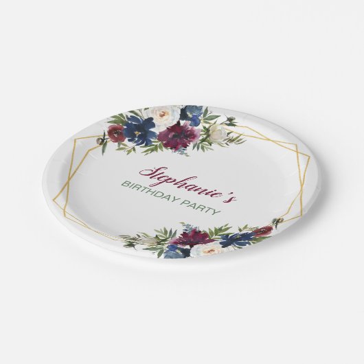Geometrisch Lijst Burgundy Navy Flowers Birthday Papieren Bordje (Gekanteld)