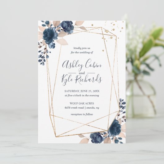 Geometrisch lijst en bloemen in de marine, goud, b kaart (Staand voorkant)