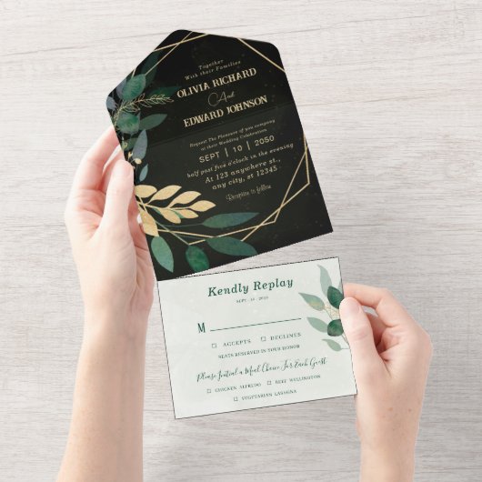 Geometrisch lijst en groen Zwart met Rsvp All In One Uitnodiging (Afscheurbaar)