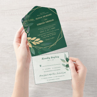 Geometrisch lijst goud en groen met Rsvp Bruiloft All In One Uitnodiging