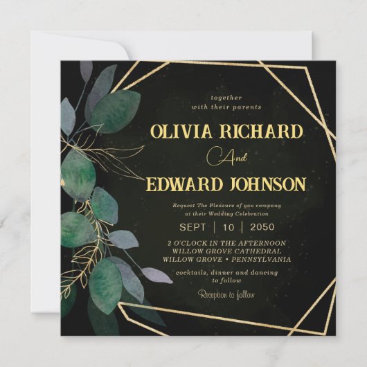 Geometrisch lijst groen blad Gold en Black Square Kaart (Voorkant)