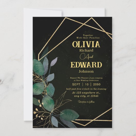 Geometrisch lijst groen en gouden bladeren bruilof kaart (Voorkant)