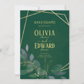 Geometrisch lijst groen en gouden bladeren save the date (Voorkant)