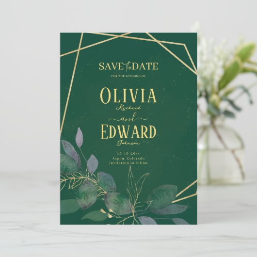 Geometrisch lijst groen en gouden bladeren save the date (Staand voorkant)