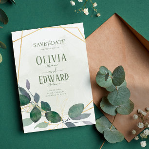 Geometrisch lijst groen en gouden bladeren save the date