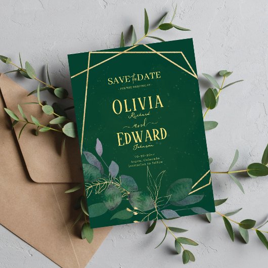Geometrisch lijst groen en gouden bladeren save the date