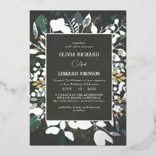 Geometrisch lijst groen en gouden bladeren zilver folie uitnodiging