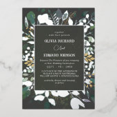 Geometrisch lijst groen en gouden bladeren zilver folie uitnodiging (Voorkant)