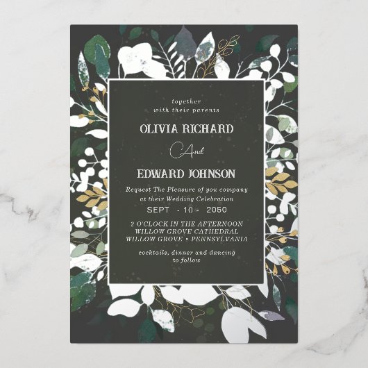 Geometrisch lijst groen en gouden bladeren zilver folie uitnodiging (Voorkant)