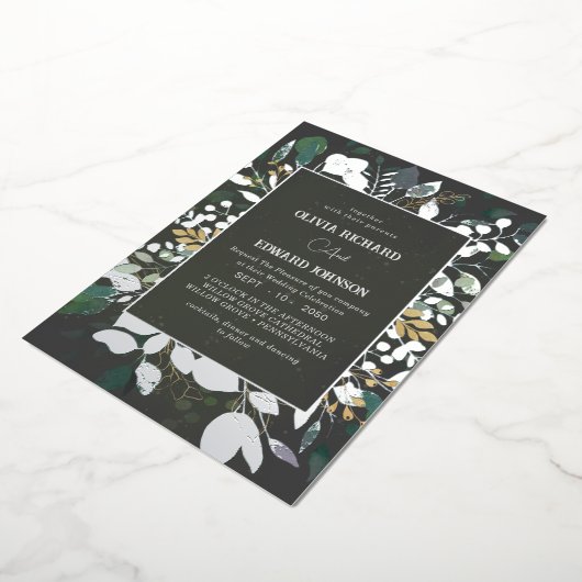 Geometrisch lijst groen en gouden bladeren zilver folie uitnodiging (Gedraaid)