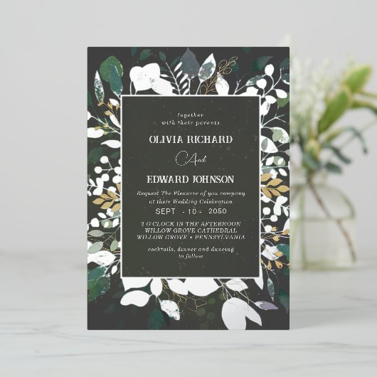 Geometrisch lijst groen en gouden bladeren zilver folie uitnodiging (Staand Voorkant)