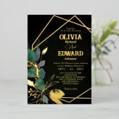 Geometrisch lijst groen verlof en goud Zwart Bruil Folie Uitnodiging (Staand Voorkant)