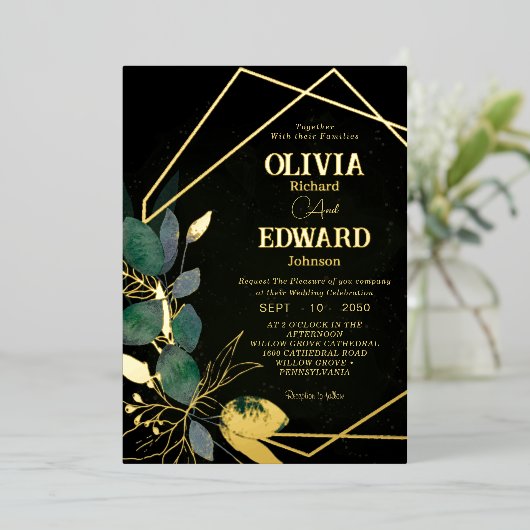 Geometrisch lijst groen verlof en goud Zwart Bruil Folie Uitnodiging (Staand Voorkant)