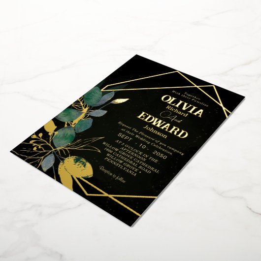 Geometrisch lijst groen verlof en goud Zwart Bruil Folie Uitnodiging (Gedraaid)