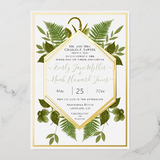 Geometrisch Lijst Lucky in Love & Gold Wedding F Folie Uitnodiging (Voorkant)