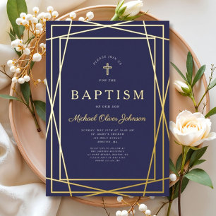 Geometrisch Lijst Navy Blue Boy Baptism Gold Folie Uitnodiging