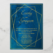 Geometrisch Lijst Night Sky Blue & Gold Wedding Folie Uitnodiging (Voorkant)