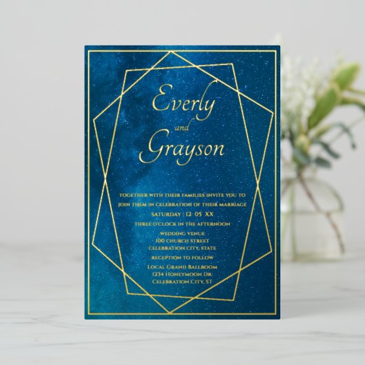 Geometrisch Lijst Night Sky Blue & Gold Wedding Folie Uitnodiging (Staand Voorkant)