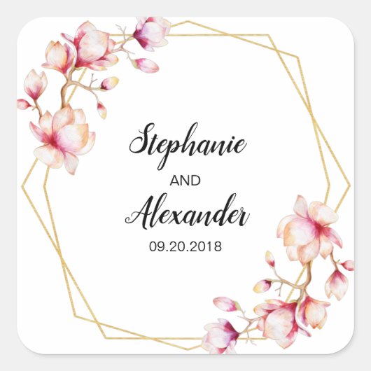 Geometrisch Lijst Roze Magnolia Vierkante Sticker (Voorkant)