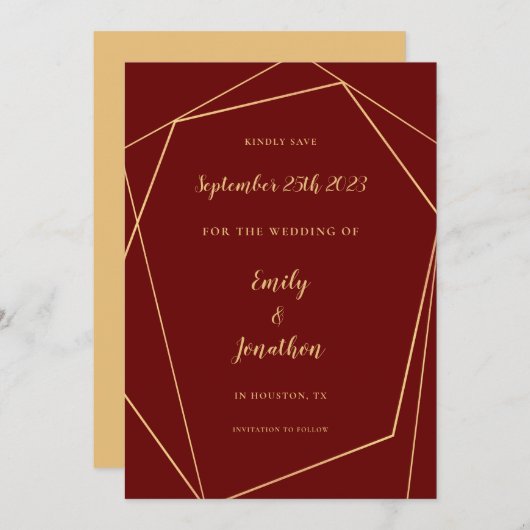 Geometrisch Lijst Script Bourgondië Gold Wedding S Save The Date (Voorkant / Achterkant)