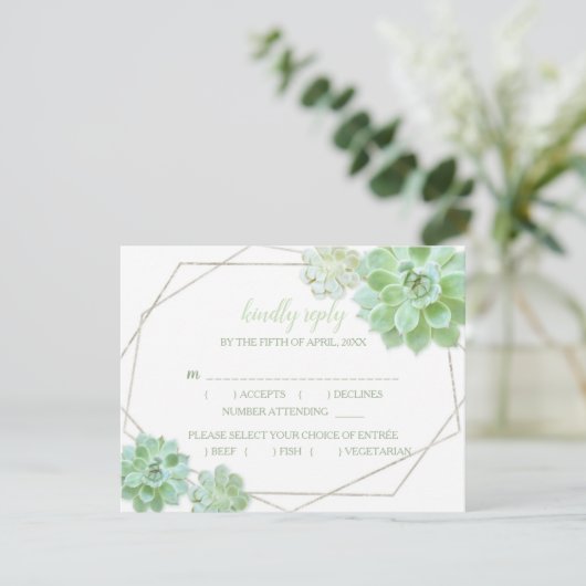 Geometrisch Lijst Succulent Bruiloft Maaltijd Keuz RSVP Kaartje (Staand voorkant)