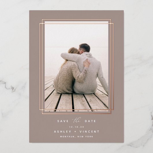 Geometrisch Lijst | Verticale foto slaat de datum Folie Uitnodiging (Voorkant)