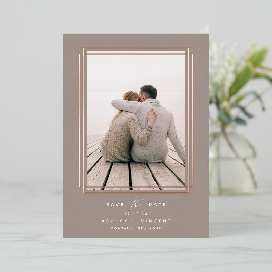 Geometrisch Lijst | Verticale foto slaat de datum  Folie Uitnodiging (Staand Voorkant)