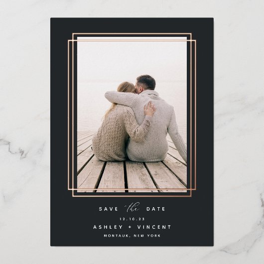 Geometrisch Lijst | Verticale foto slaat de datum  Folie Uitnodiging (Voorkant)