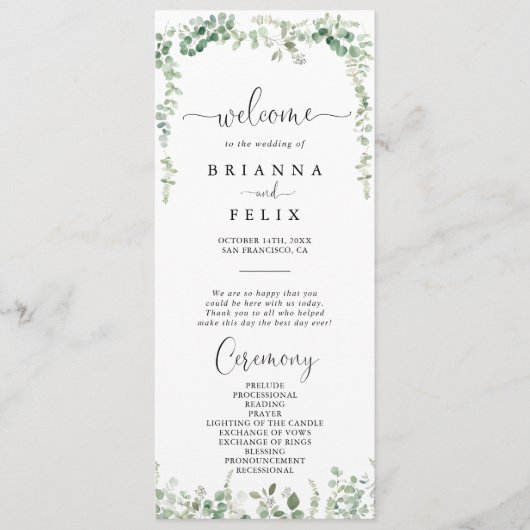 Geometrisch minimalistisch eucalyptus huwelijkspro programmakaart (Voorkant)